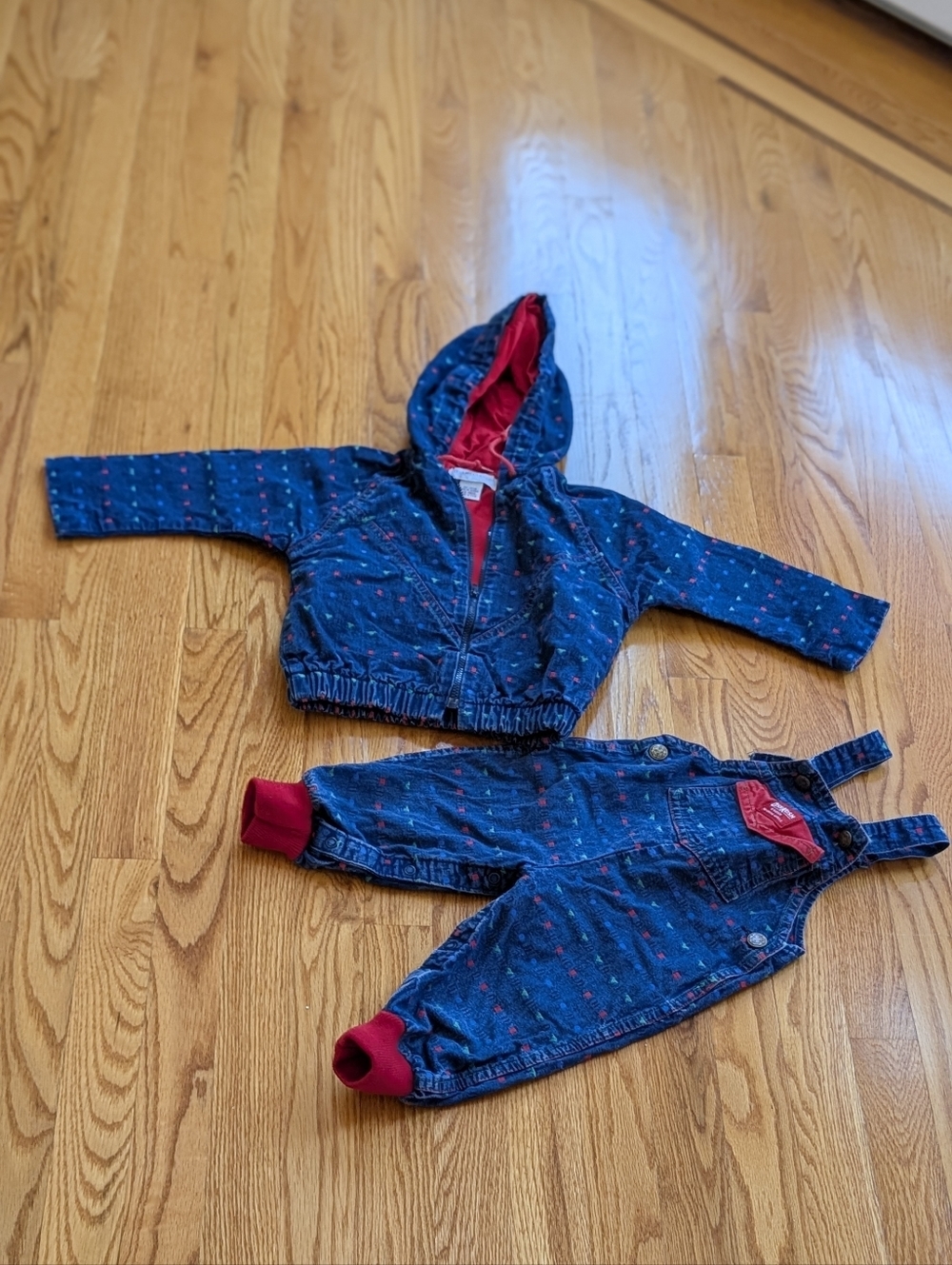 Vintage OshKosh B'Gosh Overalls and Jacket Embroidery denim Set Sz 18 Months